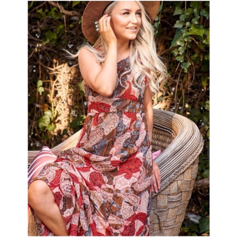Red & blue paisley cutout maxi dress S/M/L